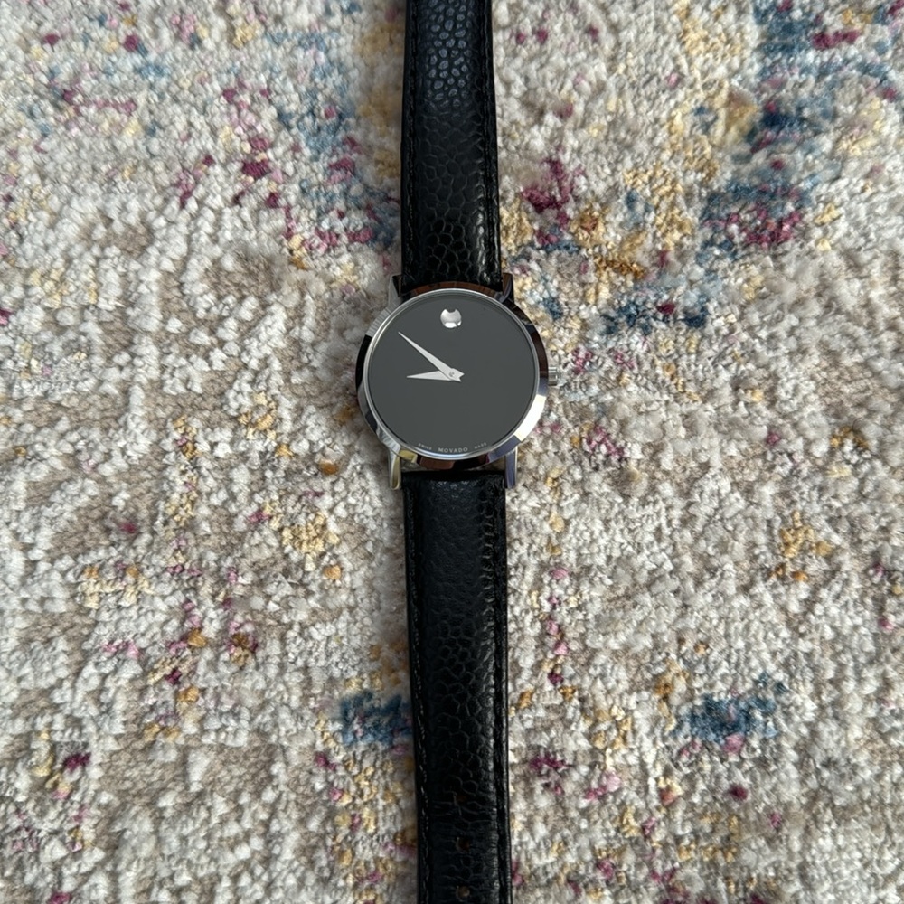Movado Museum collection women’s silver watch with black leather band. - Picture 9 of 11